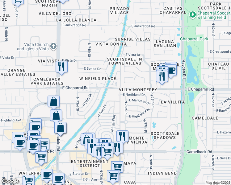 map of restaurants, bars, coffee shops, grocery stores, and more near 4950 North Miller Road in Scottsdale