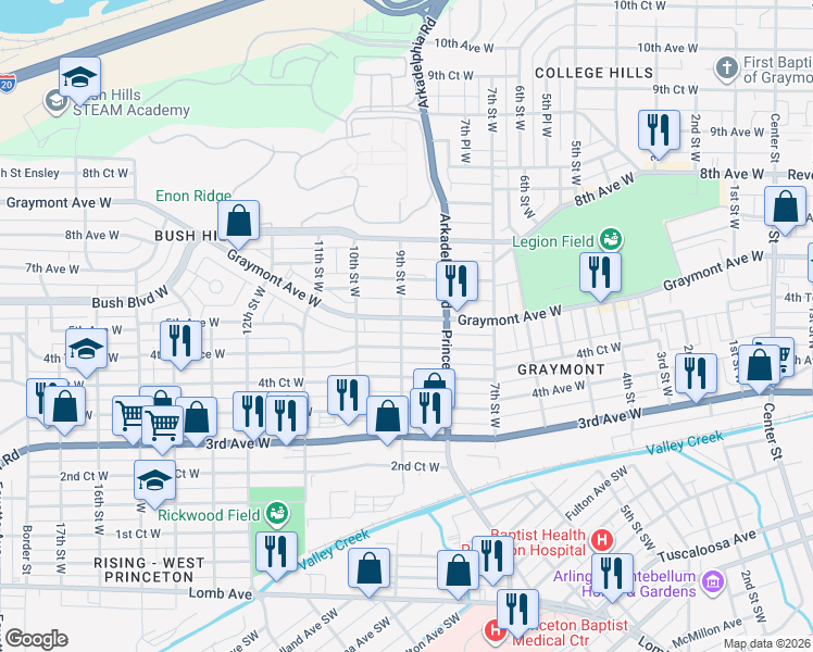 map of restaurants, bars, coffee shops, grocery stores, and more near 837 Graymont Avenue West in Birmingham