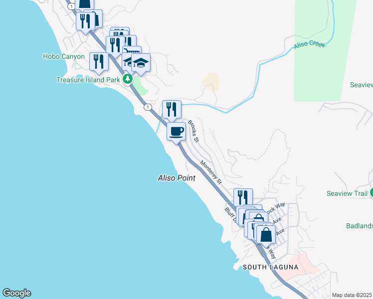 map of restaurants, bars, coffee shops, grocery stores, and more near 31261 Monterey Street in Laguna Beach
