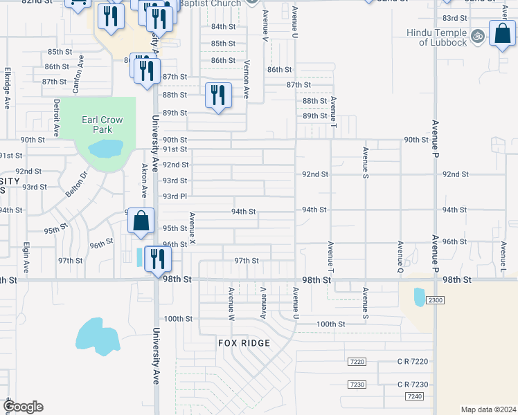 map of restaurants, bars, coffee shops, grocery stores, and more near 2124 94th Street in Lubbock