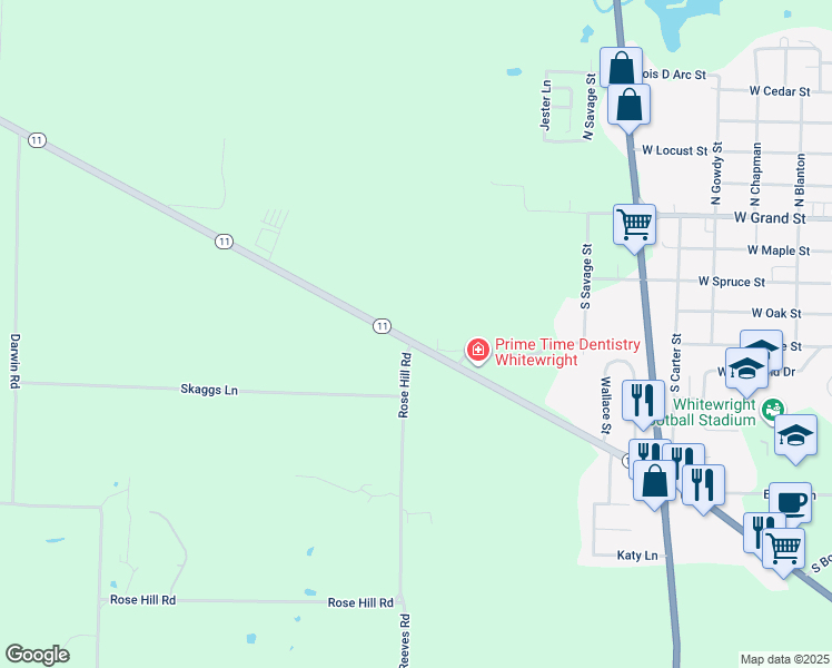 map of restaurants, bars, coffee shops, grocery stores, and more near 13275 Texas 11 in Whitewright