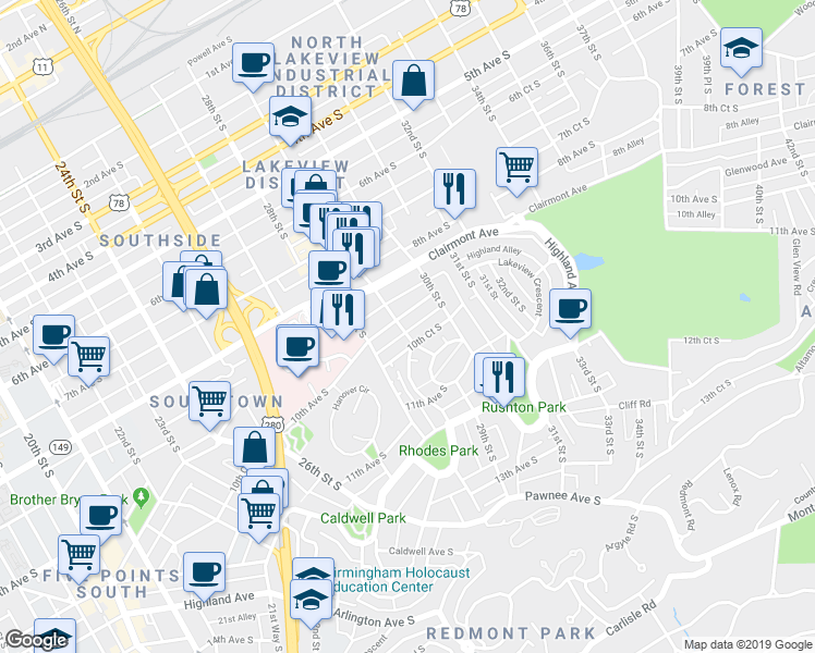 map of restaurants, bars, coffee shops, grocery stores, and more near 909 29th Street South in Birmingham
