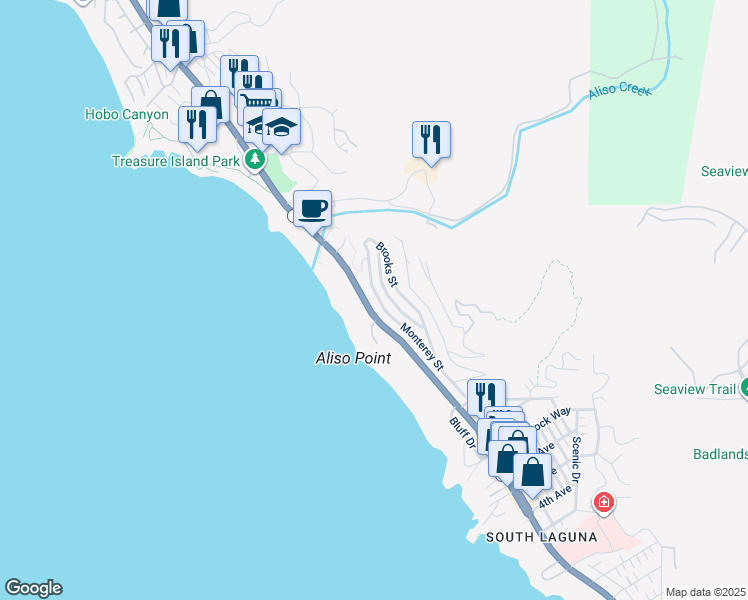 map of restaurants, bars, coffee shops, grocery stores, and more near 31261 Monterey Street in Laguna Beach