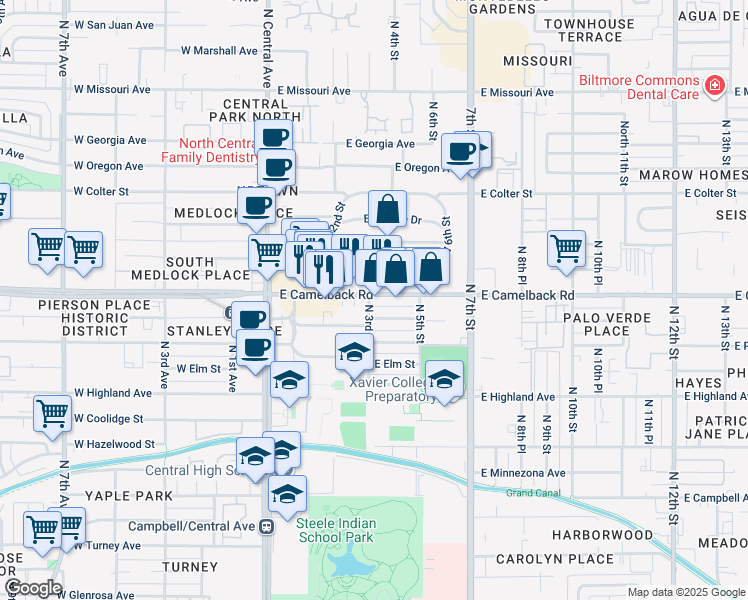 map of restaurants, bars, coffee shops, grocery stores, and more near 150 East Mariposa Street in Phoenix