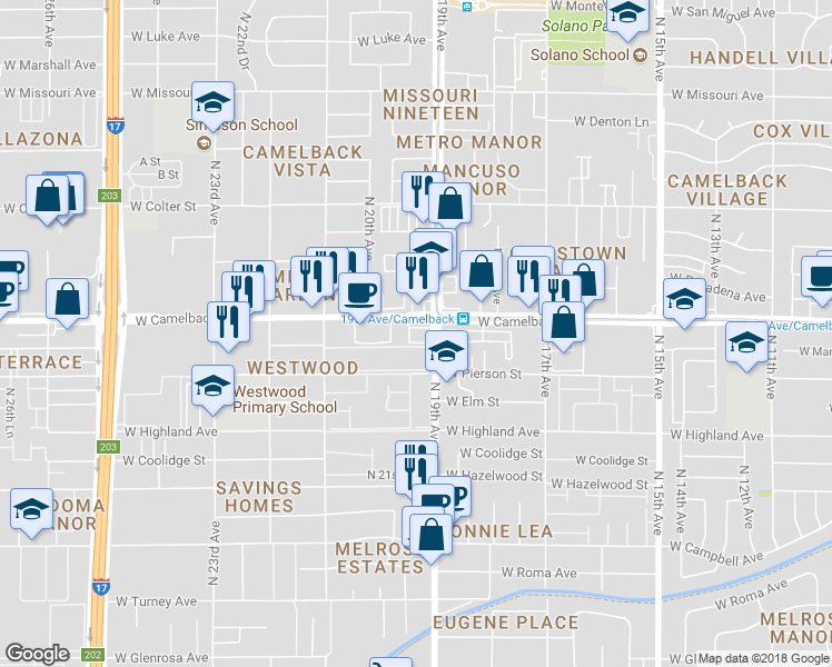 map of restaurants, bars, coffee shops, grocery stores, and more near 1925 West Camelback Road in Phoenix
