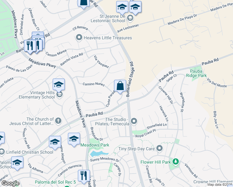map of restaurants, bars, coffee shops, grocery stores, and more near 42243 Camino Merano in Temecula