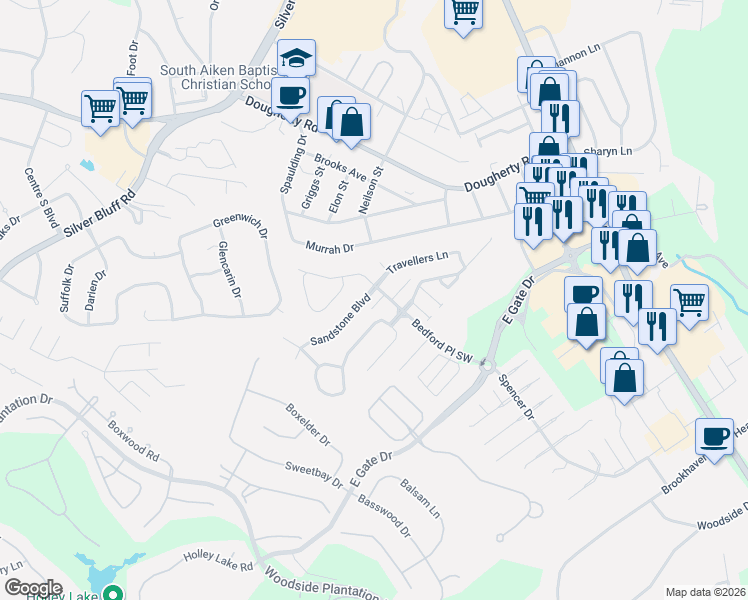 map of restaurants, bars, coffee shops, grocery stores, and more near 113 Raintree Court in Aiken