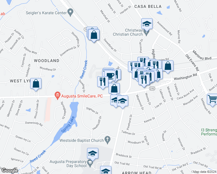 map of restaurants, bars, coffee shops, grocery stores, and more near 4115 Columbia Road in Martinez