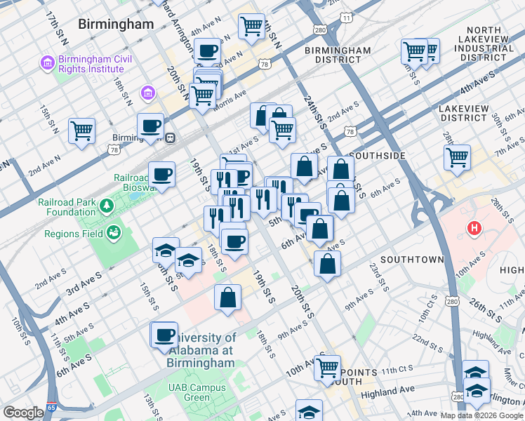 map of restaurants, bars, coffee shops, grocery stores, and more near 401 20th Street South in Birmingham