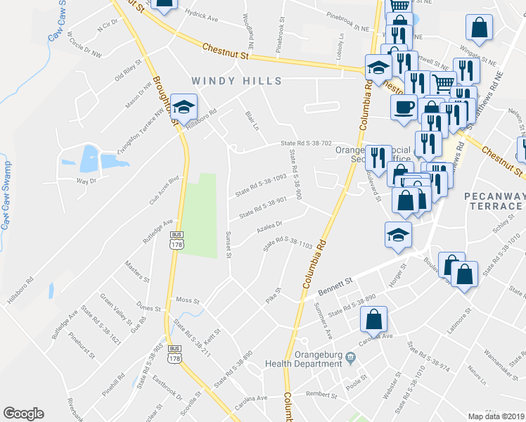 map of restaurants, bars, coffee shops, grocery stores, and more near 580 State Road S-38-901 in Orangeburg