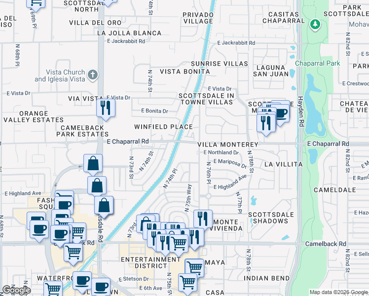 map of restaurants, bars, coffee shops, grocery stores, and more near 4950 North Miller Road in Scottsdale