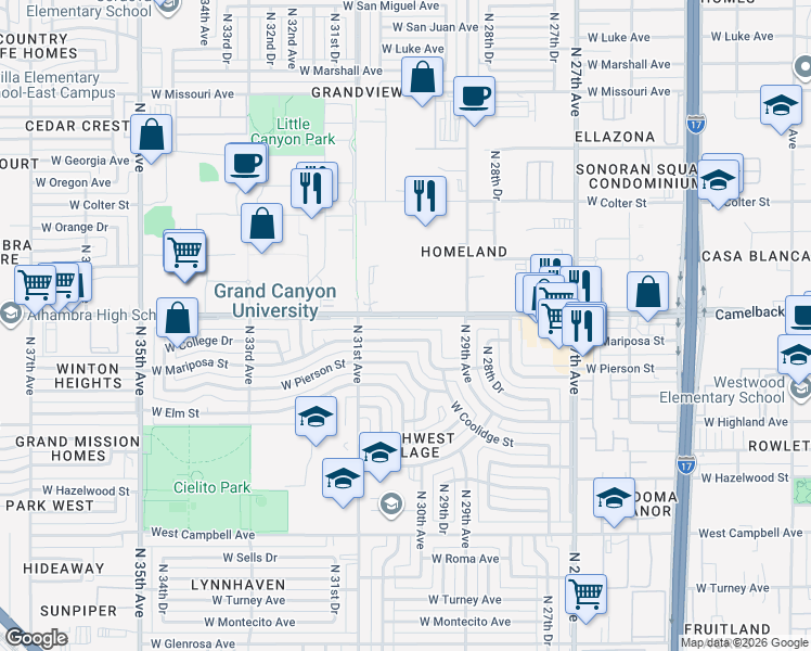 map of restaurants, bars, coffee shops, grocery stores, and more near 3021 West Mariposa Street in Phoenix