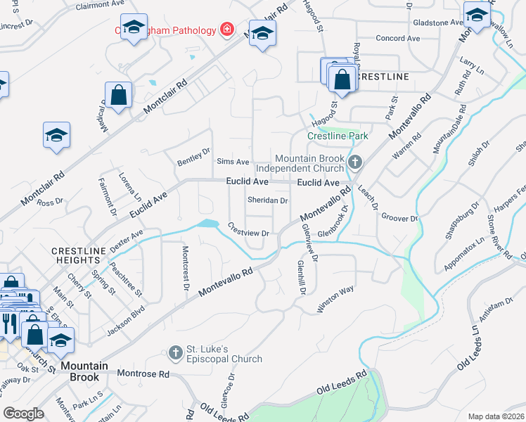 map of restaurants, bars, coffee shops, grocery stores, and more near 105 Crestwood Drive in Birmingham