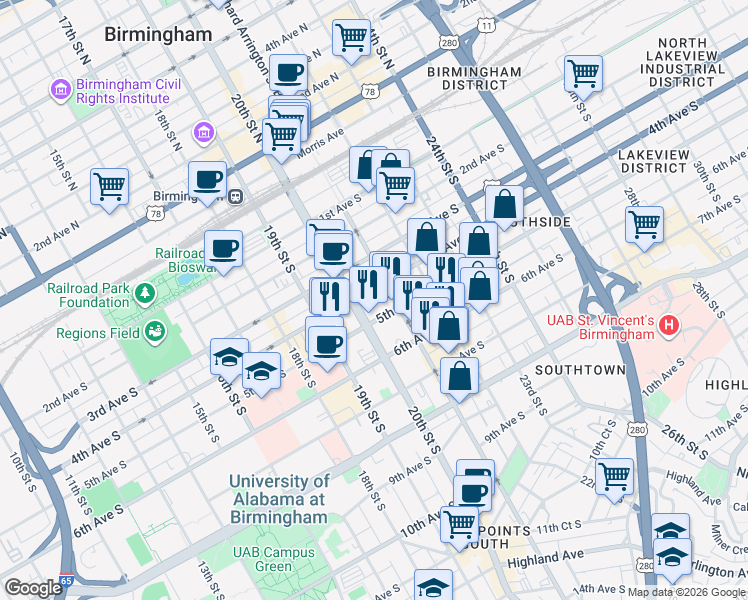 map of restaurants, bars, coffee shops, grocery stores, and more near 2000 5th Avenue South in Birmingham