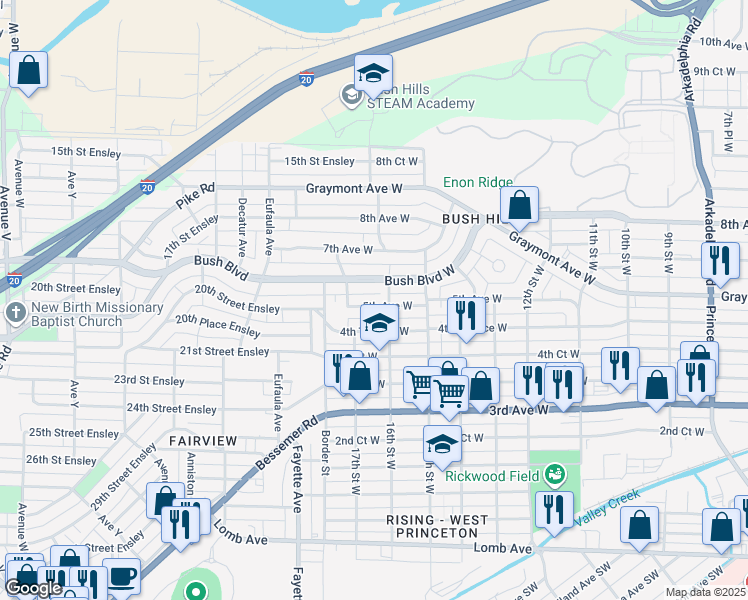 map of restaurants, bars, coffee shops, grocery stores, and more near 1609 5th Avenue West in Birmingham
