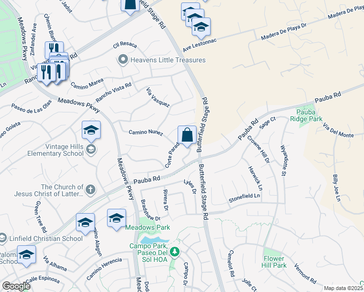 map of restaurants, bars, coffee shops, grocery stores, and more near 42243 Camino Merano in Temecula