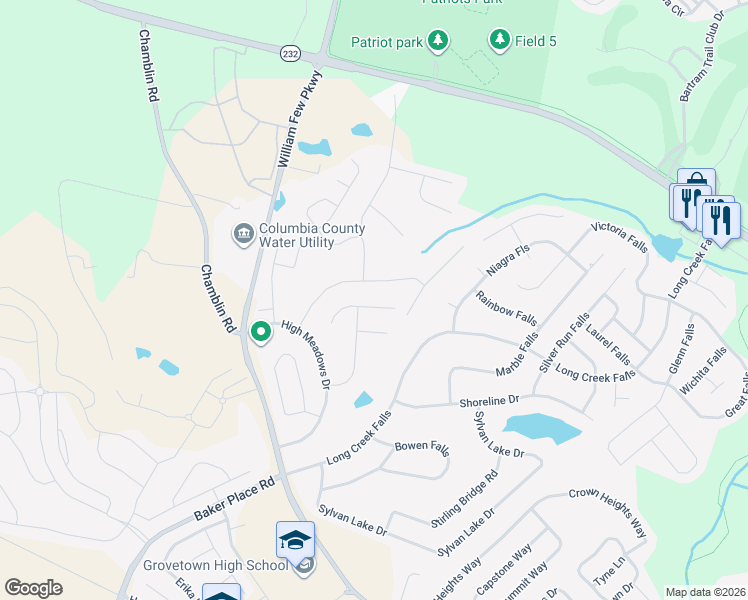 map of restaurants, bars, coffee shops, grocery stores, and more near 1603 Sweet Meadow Lane in Grovetown