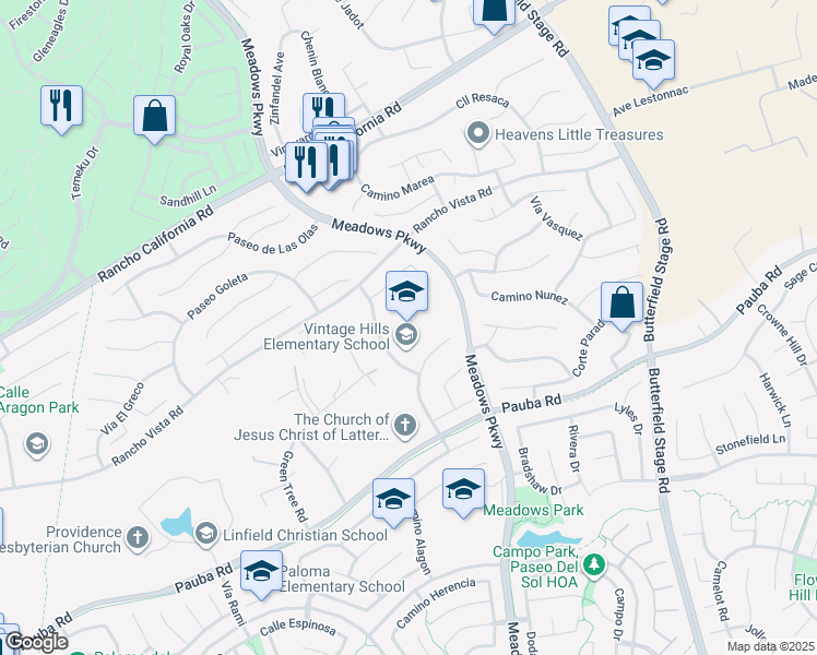 map of restaurants, bars, coffee shops, grocery stores, and more near 42240 Camino Romo in Temecula