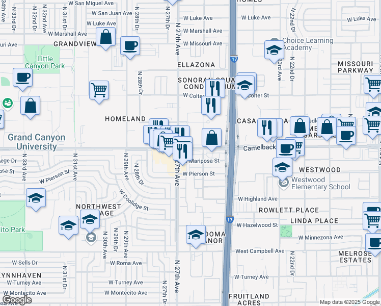 map of restaurants, bars, coffee shops, grocery stores, and more near 2625 West Camelback Road in Phoenix