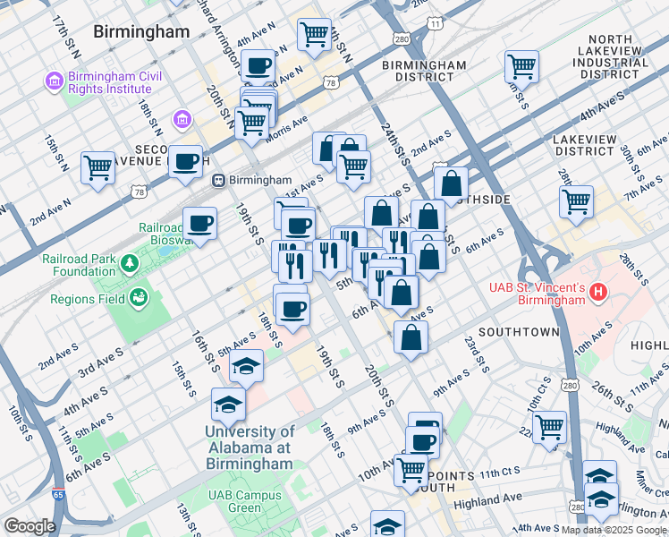 map of restaurants, bars, coffee shops, grocery stores, and more near 401 20th Street South in Birmingham