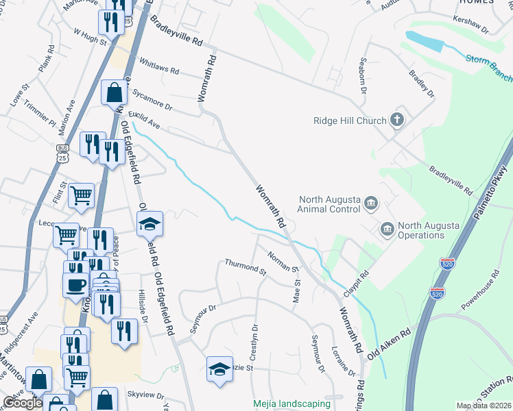 map of restaurants, bars, coffee shops, grocery stores, and more near 104 Womrath Court in North Augusta