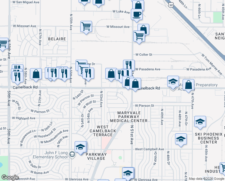 map of restaurants, bars, coffee shops, grocery stores, and more near B St in Phoenix