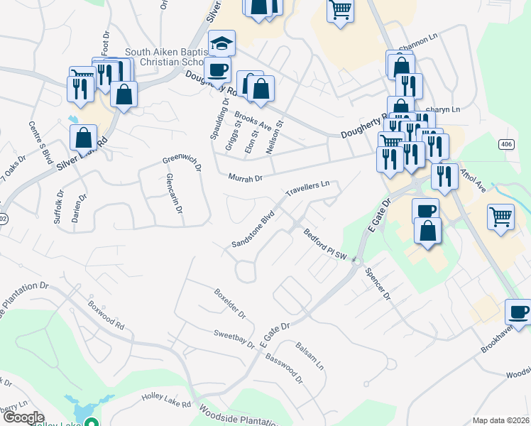 map of restaurants, bars, coffee shops, grocery stores, and more near 132 Sandstone Boulevard in Aiken