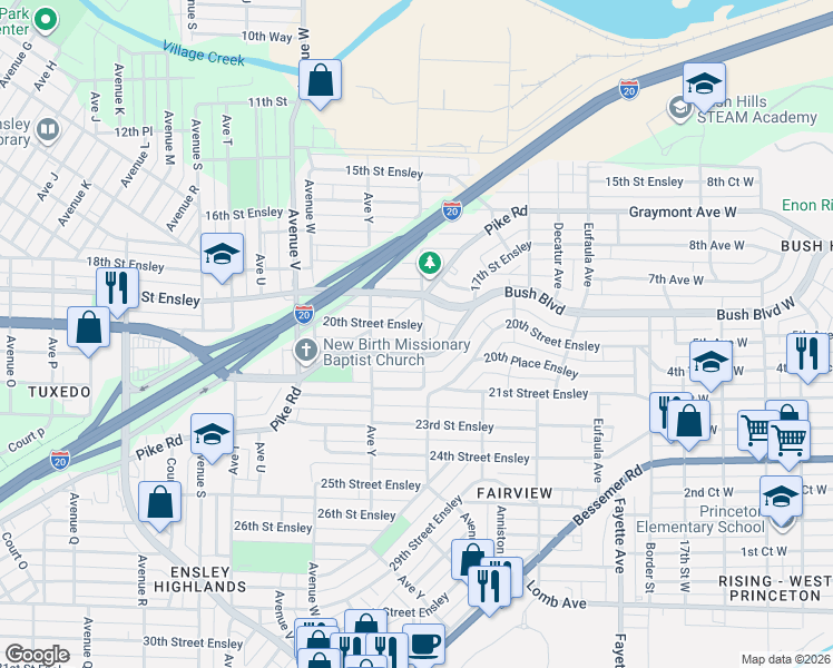 map of restaurants, bars, coffee shops, grocery stores, and more near 2604 20th Street Ensley in Birmingham