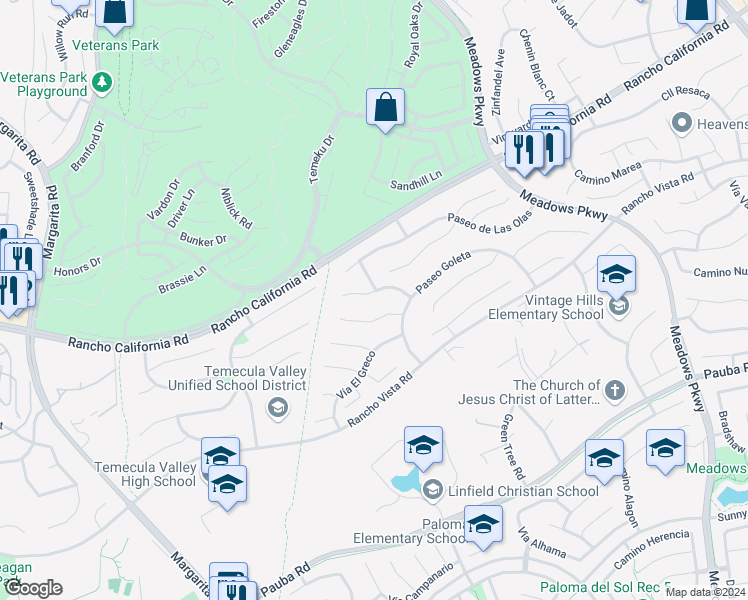 map of restaurants, bars, coffee shops, grocery stores, and more near 31423 Corte Sonora in Temecula