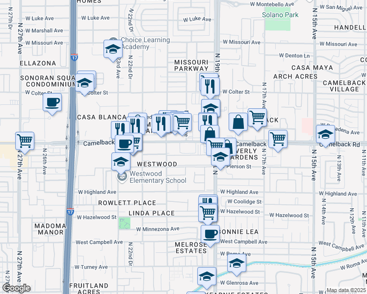 map of restaurants, bars, coffee shops, grocery stores, and more near 2001 West Camelback Road in Phoenix
