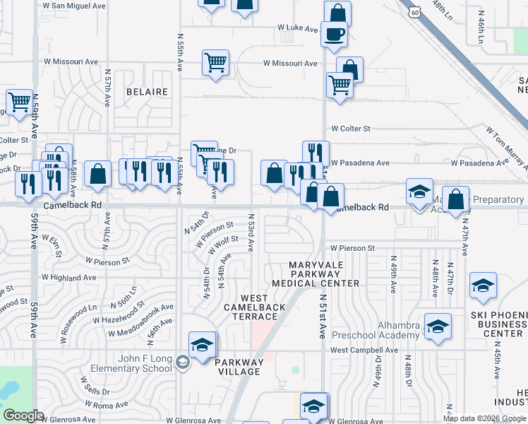 map of restaurants, bars, coffee shops, grocery stores, and more near 4827 North 53rd Avenue in Phoenix