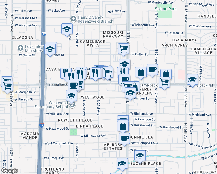 map of restaurants, bars, coffee shops, grocery stores, and more near 2001 West Camelback Road in Phoenix