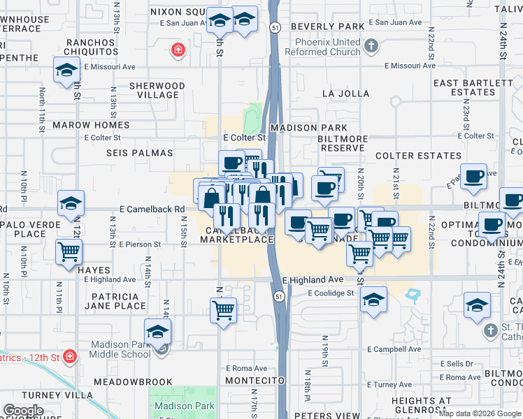 map of restaurants, bars, coffee shops, grocery stores, and more near 1893 E Camelback Rd in Phoenix