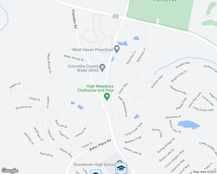 map of restaurants, bars, coffee shops, grocery stores, and more near 319 High Meadows Place in Grovetown