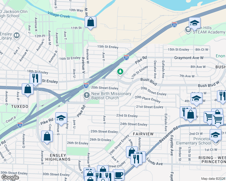 map of restaurants, bars, coffee shops, grocery stores, and more near 2528 20th Place Ensley in Birmingham