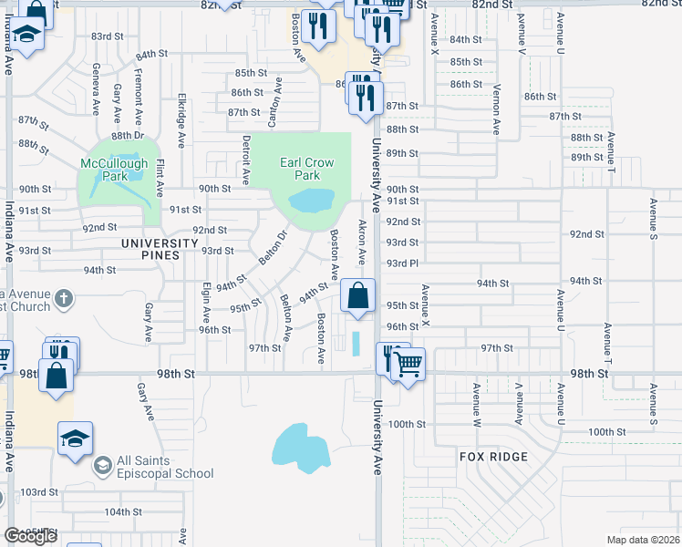map of restaurants, bars, coffee shops, grocery stores, and more near 2703 94th Street in Lubbock