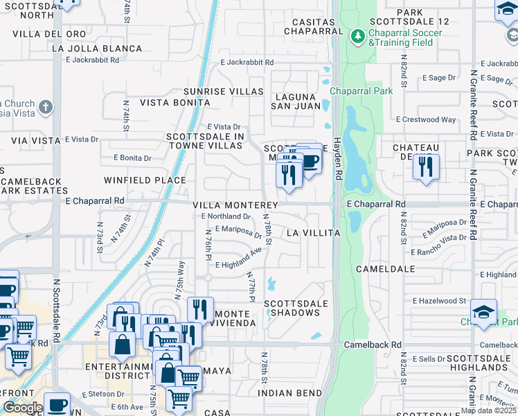 map of restaurants, bars, coffee shops, grocery stores, and more near 4925 North 77th Place in Scottsdale