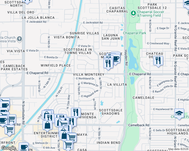 map of restaurants, bars, coffee shops, grocery stores, and more near 4925 North 77th Place in Scottsdale