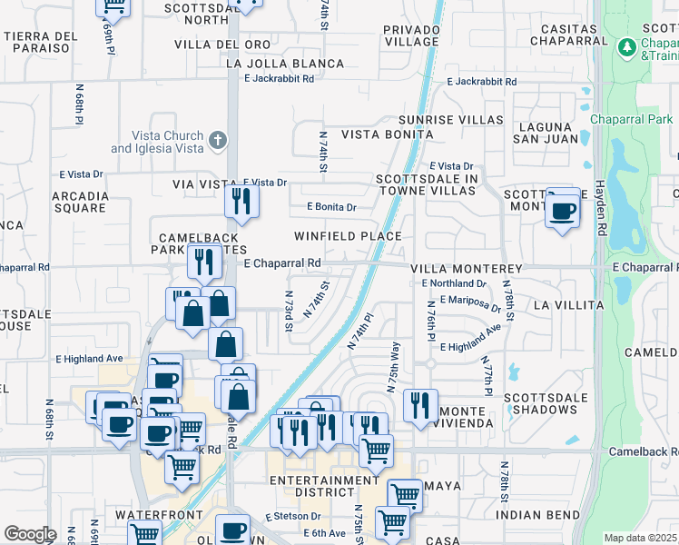 map of restaurants, bars, coffee shops, grocery stores, and more near 4916 North Woodmere Fairway in Scottsdale