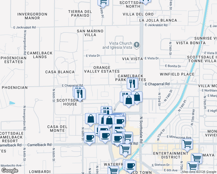 map of restaurants, bars, coffee shops, grocery stores, and more near 6905 East Mariposa Drive in Scottsdale