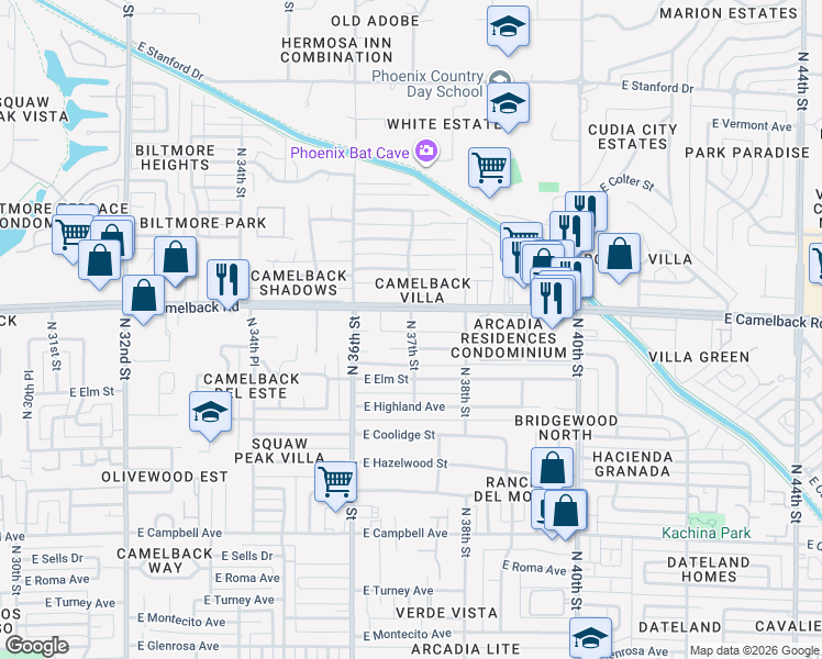 map of restaurants, bars, coffee shops, grocery stores, and more near 3643 East Pierson Street in Phoenix