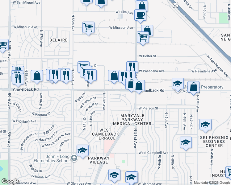 map of restaurants, bars, coffee shops, grocery stores, and more near B St in Phoenix