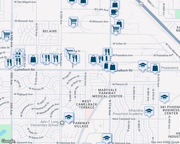 map of restaurants, bars, coffee shops, grocery stores, and more near 4827 North 53rd Avenue in Phoenix