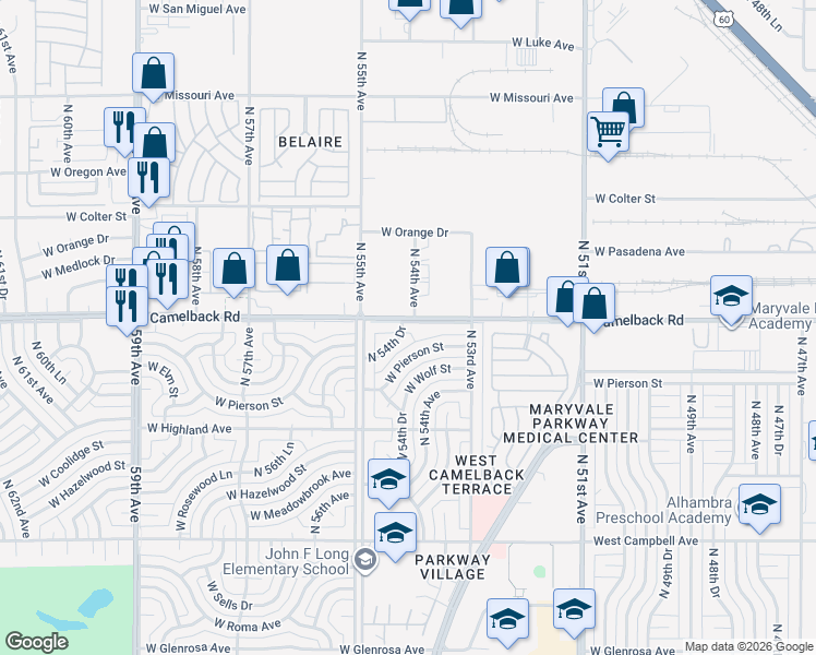 map of restaurants, bars, coffee shops, grocery stores, and more near 4841 North 54th Drive in Phoenix