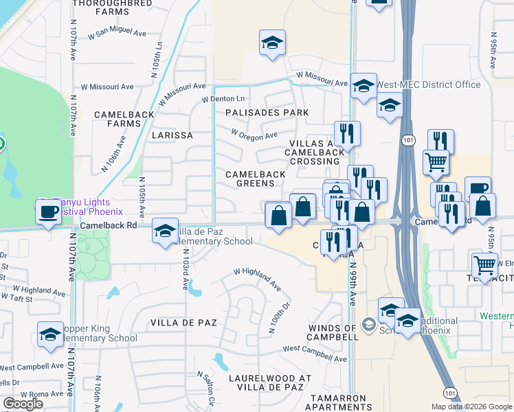 map of restaurants, bars, coffee shops, grocery stores, and more near 10117 West Pasadena Avenue in Glendale