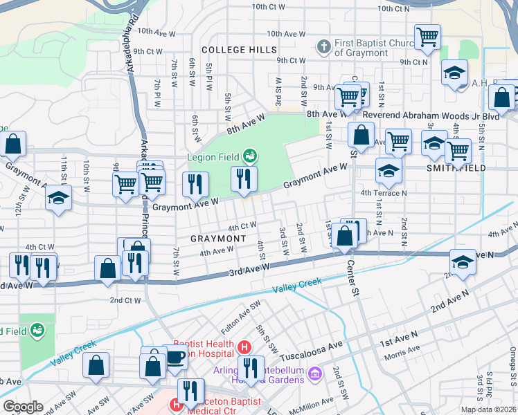 map of restaurants, bars, coffee shops, grocery stores, and more near 400 4th Court West in Birmingham