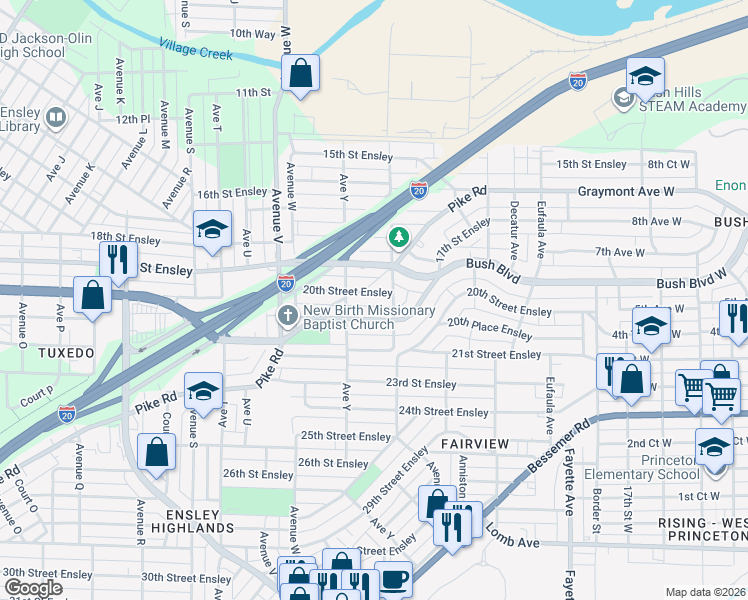 map of restaurants, bars, coffee shops, grocery stores, and more near 2528 20th Place Ensley in Birmingham