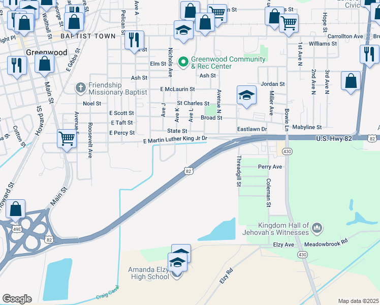 map of restaurants, bars, coffee shops, grocery stores, and more near 700 East Martin Luther King Junior Drive in Greenwood