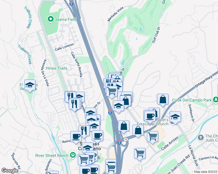 map of restaurants, bars, coffee shops, grocery stores, and more near 31001 Rancho Viejo Road in San Juan Capistrano