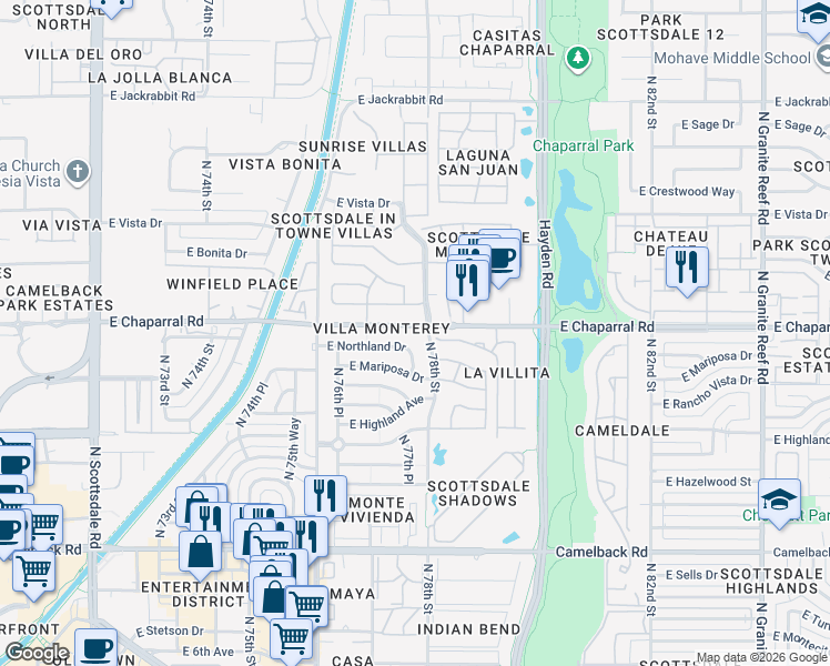 map of restaurants, bars, coffee shops, grocery stores, and more near 4925 North 77th Place in Scottsdale